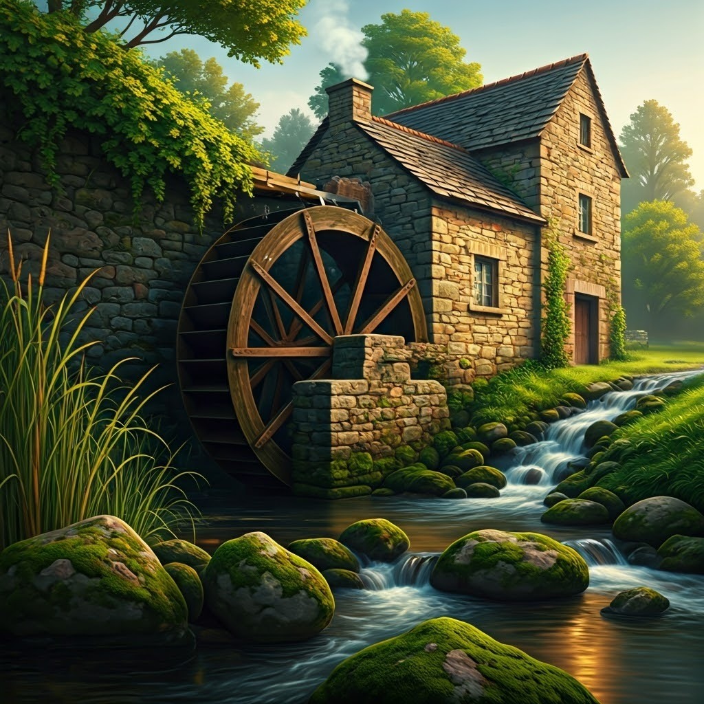 Large wooden waterwheel turning beside a riverside mill, symbolizing steady water power