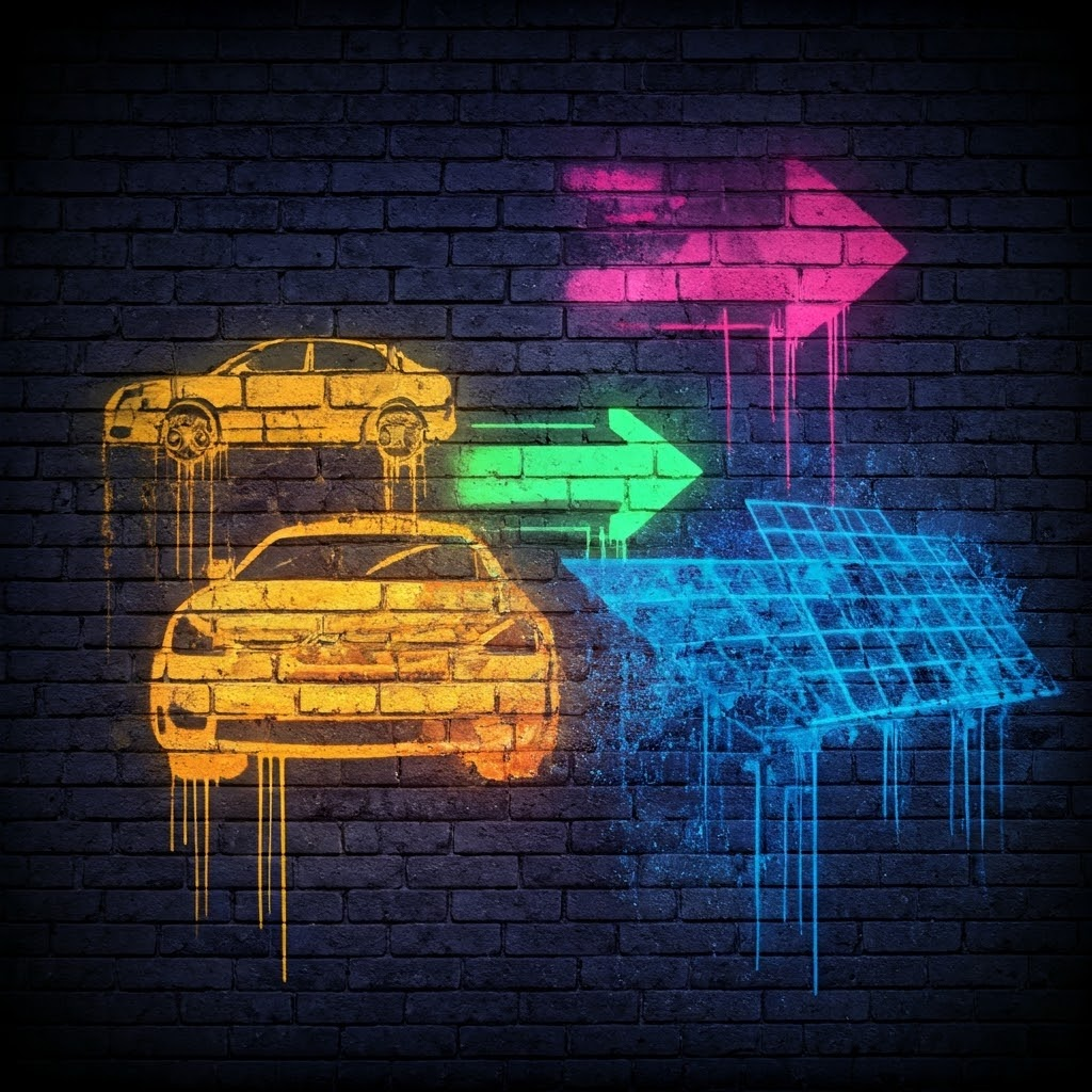 Neon stencil graffiti of electric cars solar panels and wind turbines linked by arrows—calls for public action