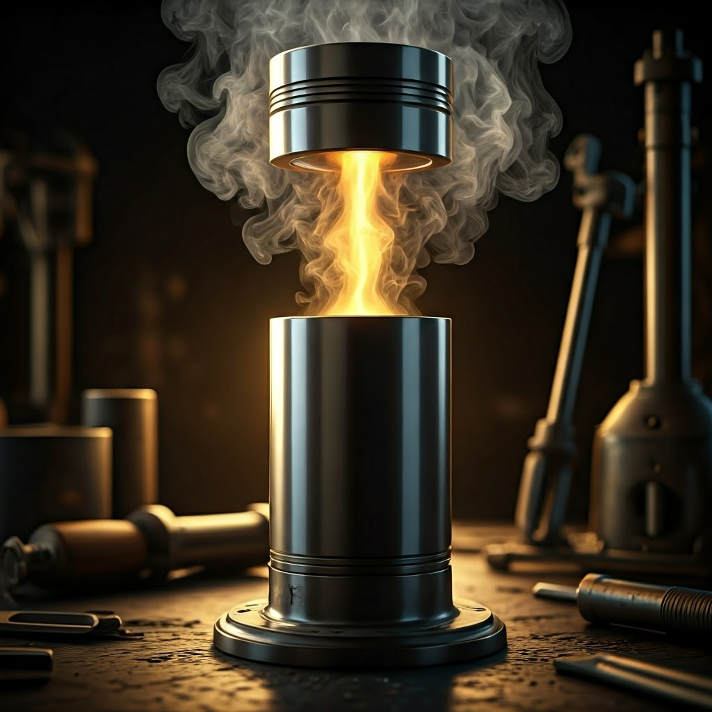 Close view of Papin’s metal cylinder with a piston lifted by glowing steam—captures the moment steam meets machinery.