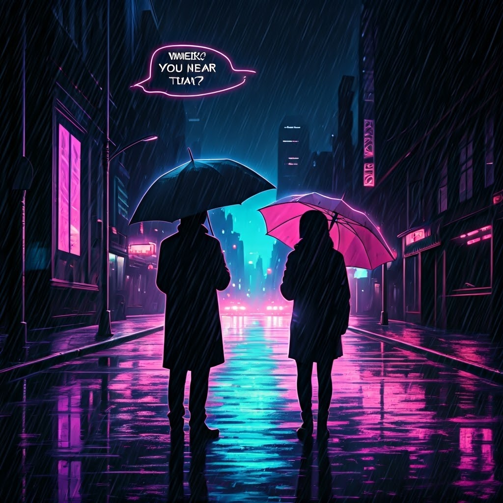 Rain-lit city scene with two people under glowing umbrellas, one asking where the claim came from.