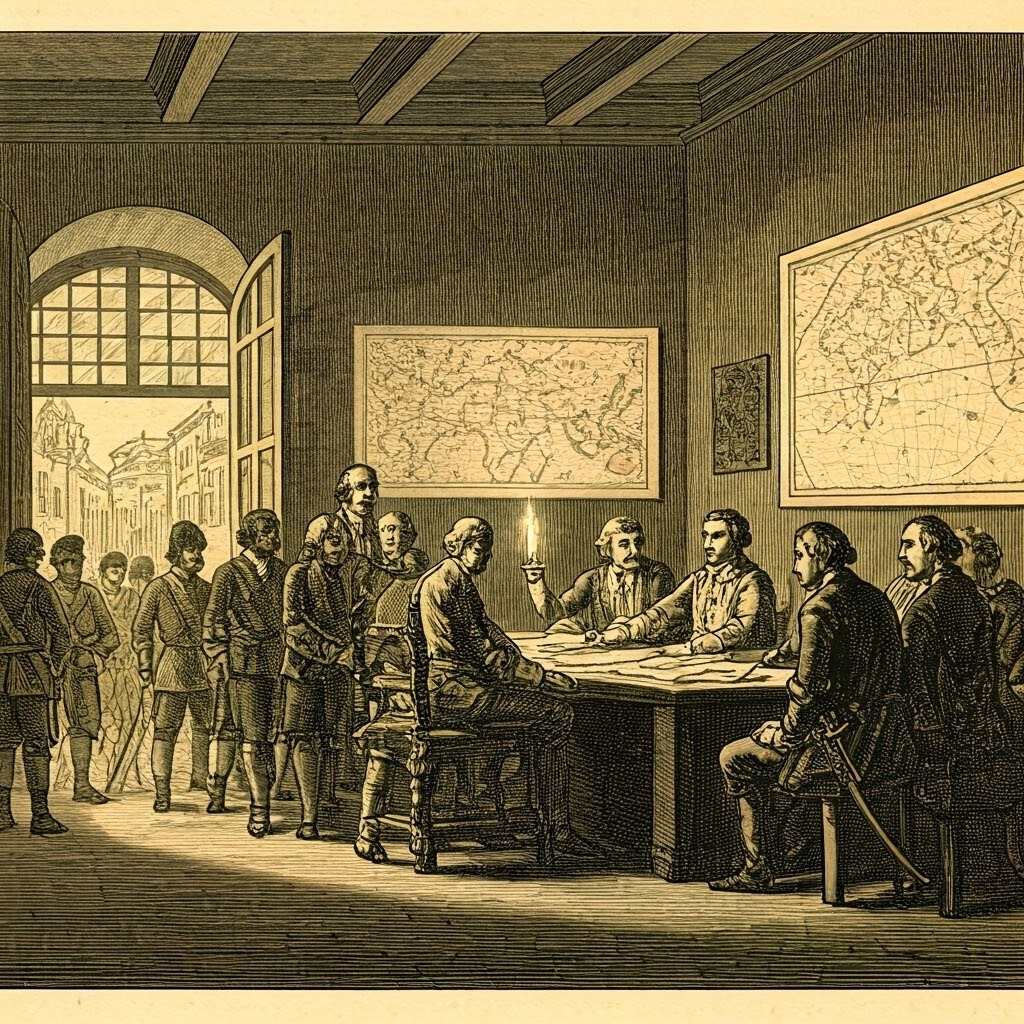 Vintage engraving of English and French investors signing company charters in a candlelit room