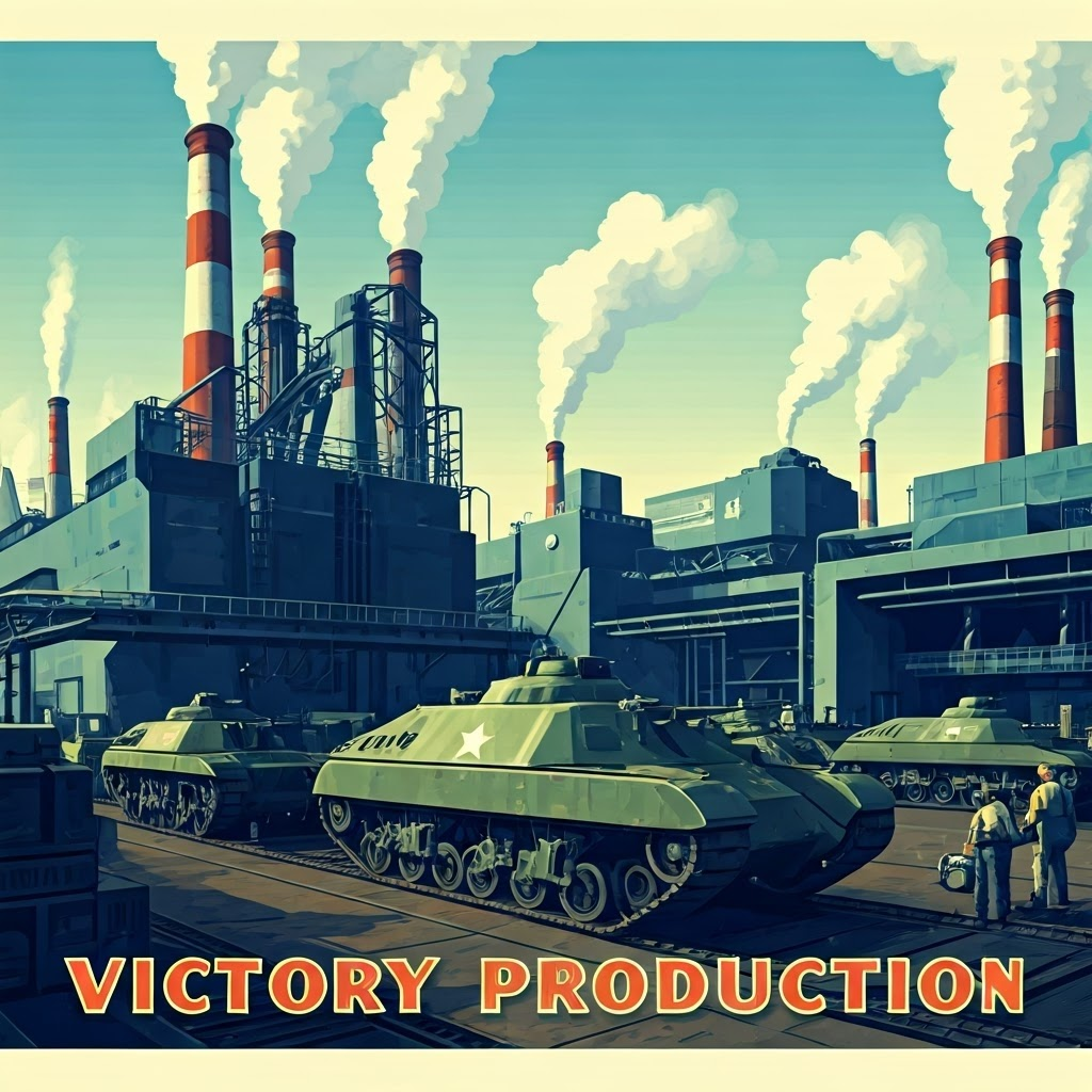 1950s retro-futurist poster of American factories churning out tanks and planes under the slogan “Victory Production.”