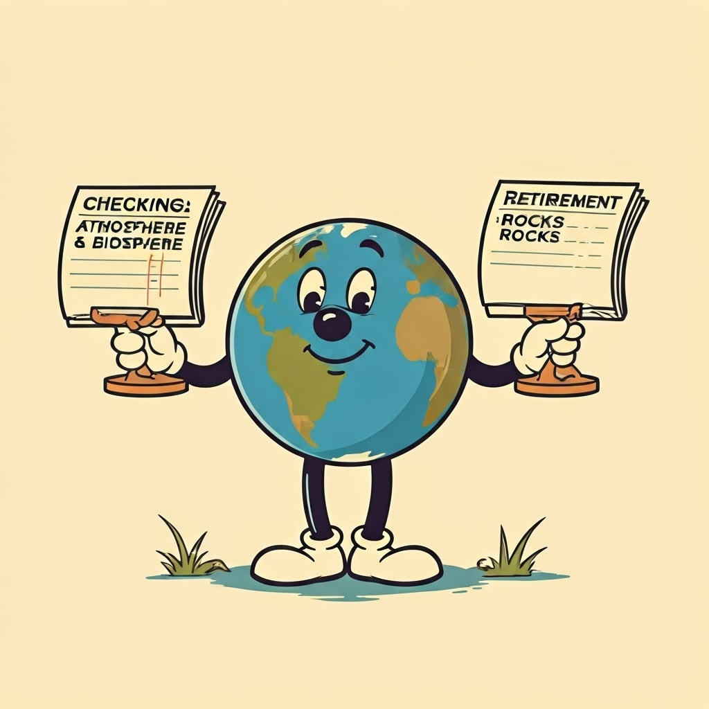 Vintage 1950s poster of Earth balancing two ledgers—one for fast exchanges, one for long-term storage