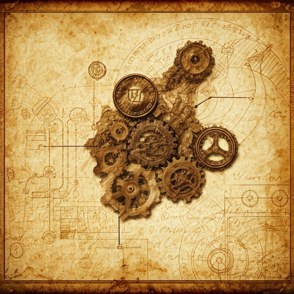 Steampunk blueprint of interconnected gears with a saboteur adding a hidden cog, symbolizing compromised software updates.