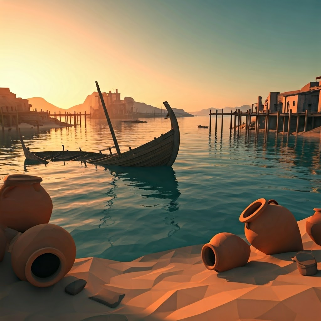 Abandoned harbor with wrecked ships symbolizing collapsed Bronze Age trade.