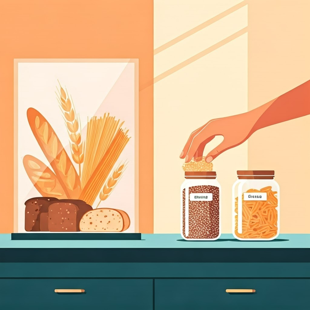 Countertop split between barred gluten foods and welcoming gluten-free grains, clarifying safe choices for sensitive eaters