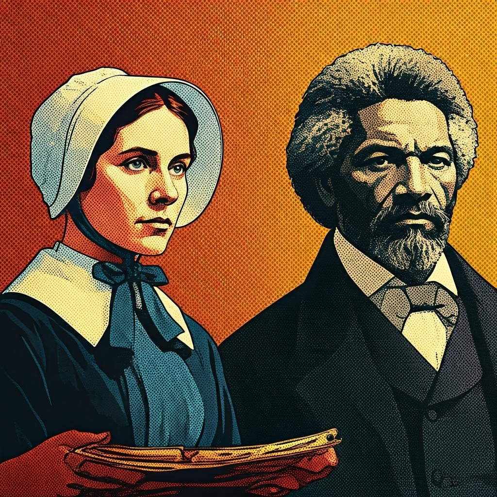 A bold, colorful pop-art collage featuring key moments from the Seneca Falls Convention: a stylized quaker woman with a bonnet, Elizabeth Cady Stanton holding a scroll, Frederick Douglass at a podium, dynamic halftone dots, speech bubble shapes with quoted text fragments, vivid primary colors, style: pop art stencil collage, high-energy, graphic edges, celebrating the revolutionary spirit