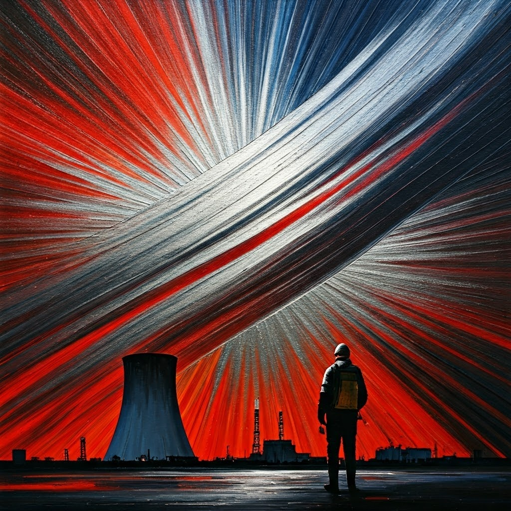 Abstract canvas blending atomic orbits and cooling towers—represents nuclear energy and its power