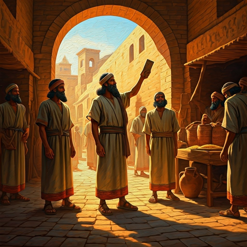 Hyperrealistic oil painting of a busy Mesopotamian bazaar at dawn where a merchant lifts a clay tablet, underscoring the birth of written trade records.