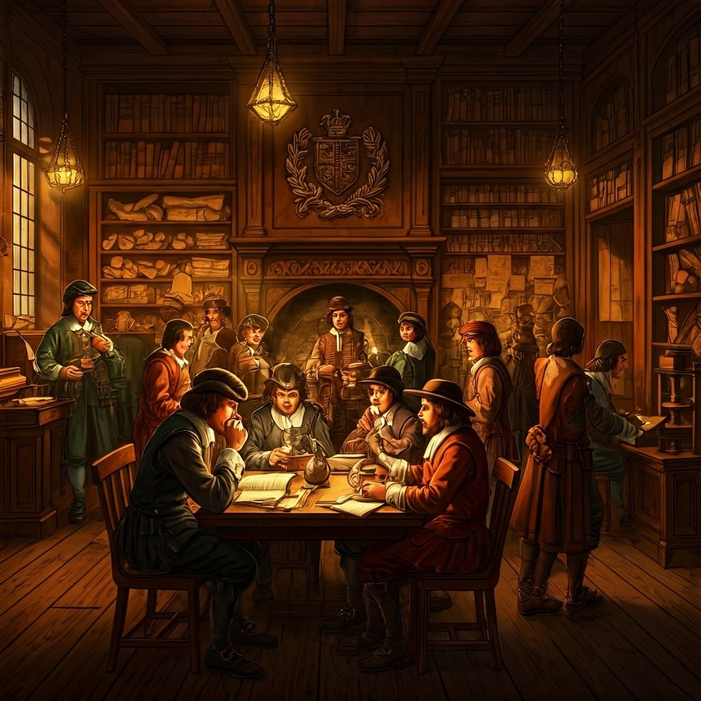 Bustling 1660s London coffeehouse filled with scholars debating under warm candlelight and the Royal Society’s emblem.
