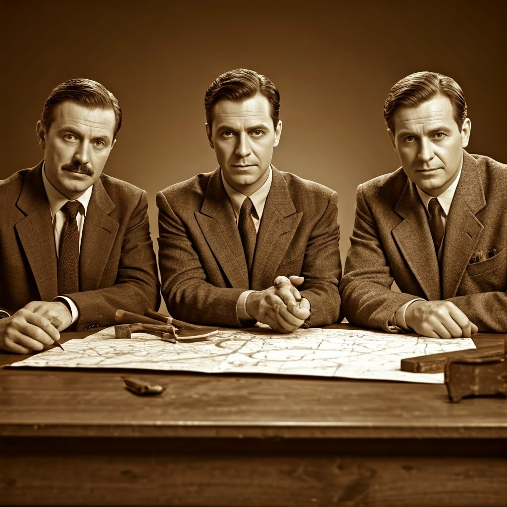 Close view of leaders’ cautious faces around a table, marking Germany’s division at Yalta.