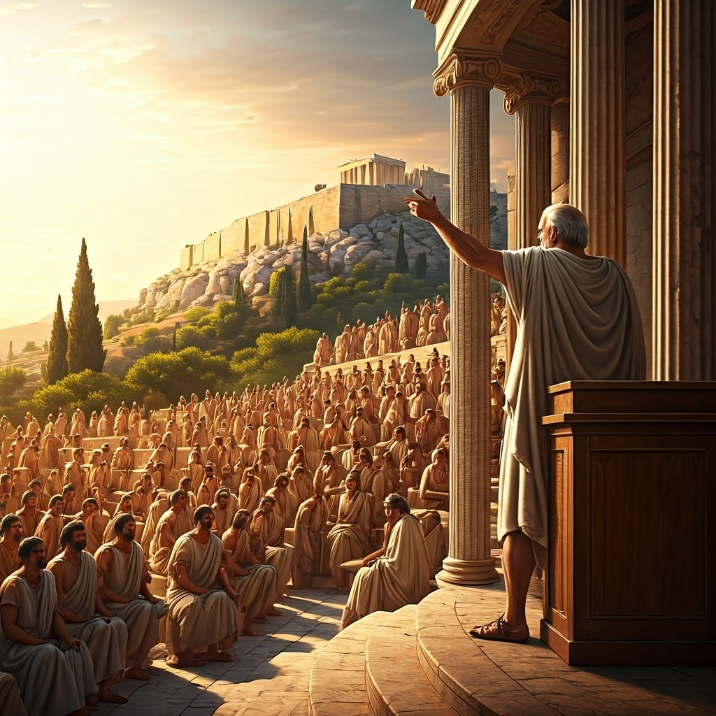 Crowds on Pnyx Hill listen to an impassioned orator as the Acropolis glows in sunset light.