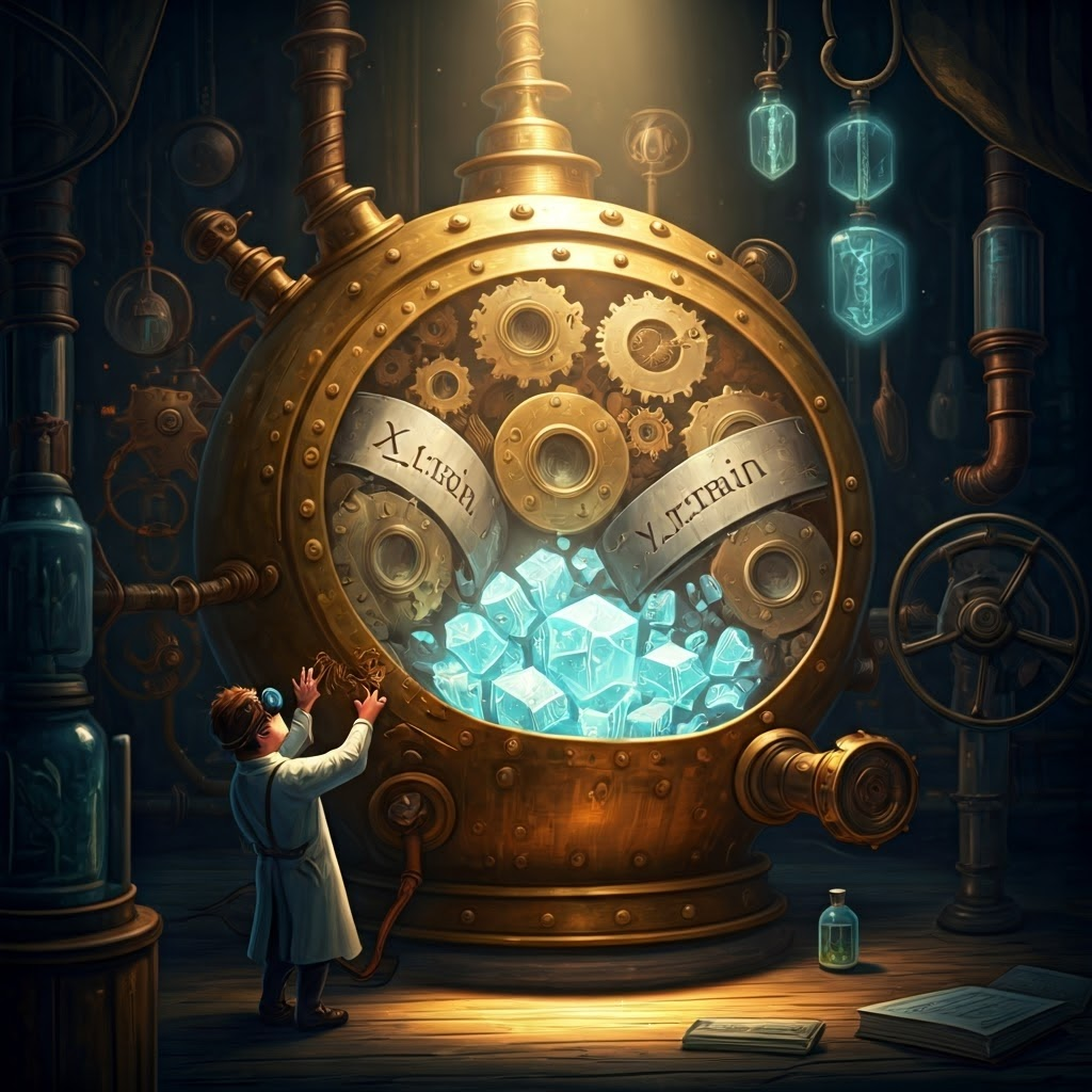 Steampunk lab where a scientist feeds data gears into a glowing prediction machine