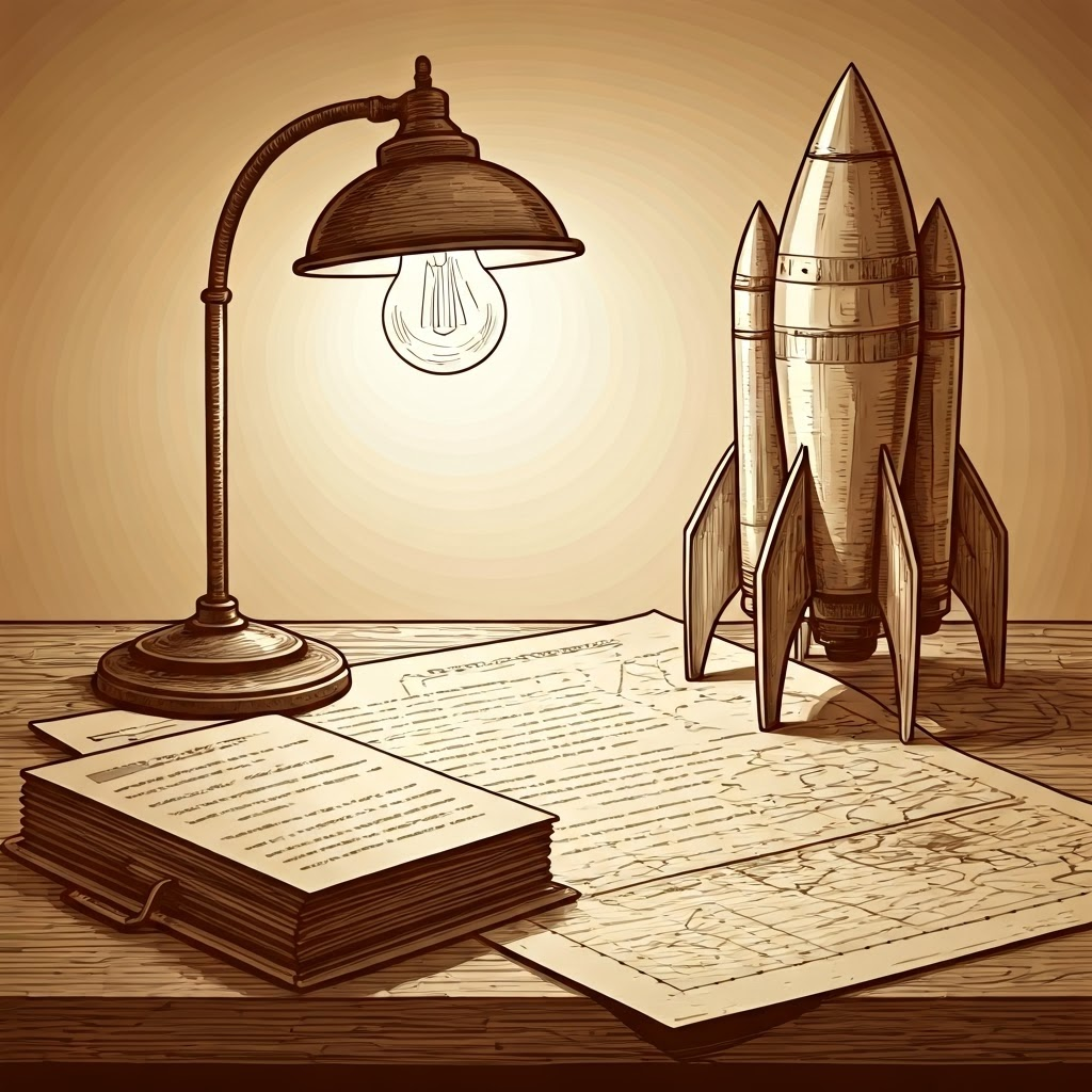 Desk covered with legal papers, charts, and a small rocket model under warm lamp light