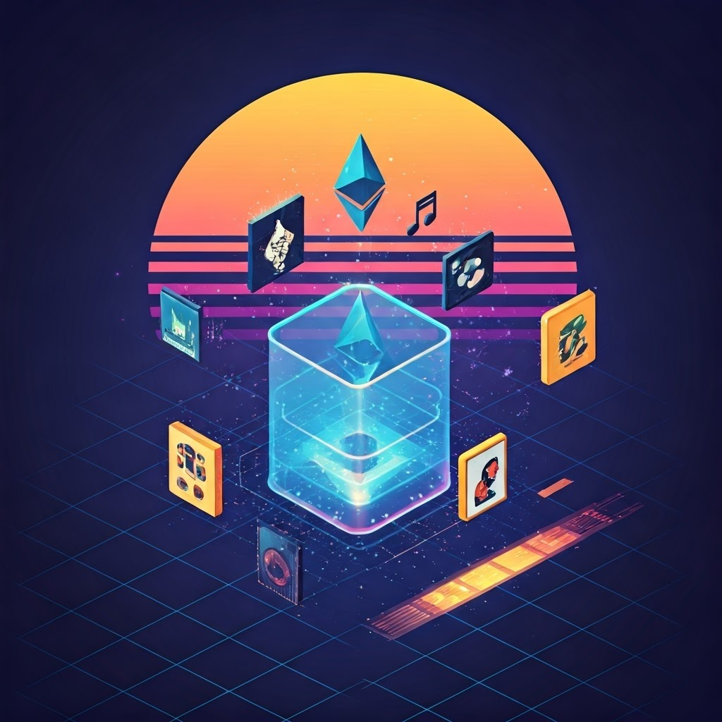 Vibrant collage of digital tokens, non-fungible art pieces, and decentralized exchange interfaces emerging from a glowing blockchain. ETH symbols intermix with pixelated music notes, game avatars, and supply chain icons. The background is a retro-vaporwave sunset with grid lines fading into distance. High-resolution digital art combining vector illustration and isometric perspective to showcase diverse modern smart contract applications.