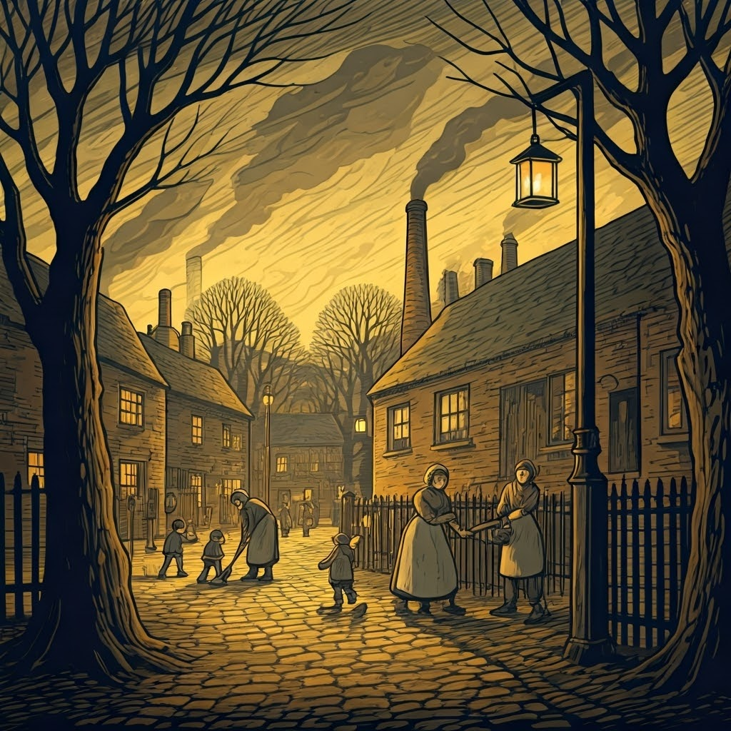 Folk-art view of an industrial Midlands town under smog, children with coal-black faces and women scrubbing soot-stained steps.