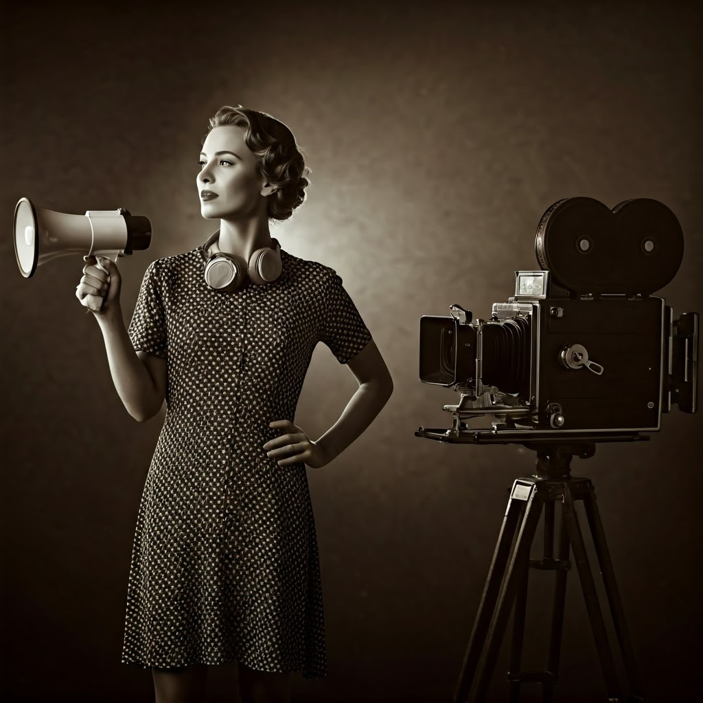 Vintage film set with a confident female director holding a megaphone, framed by classic cameras