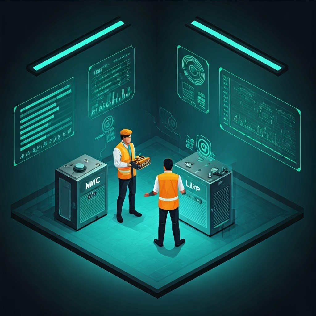 Engineers compare two large battery packs labeled NMC and LFP while holograms show energy and cycle stats