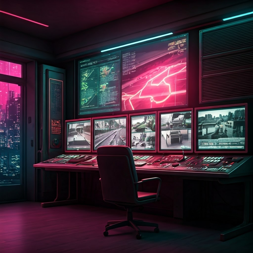 Retro-futuristic control station showing edge servers processing live traffic data