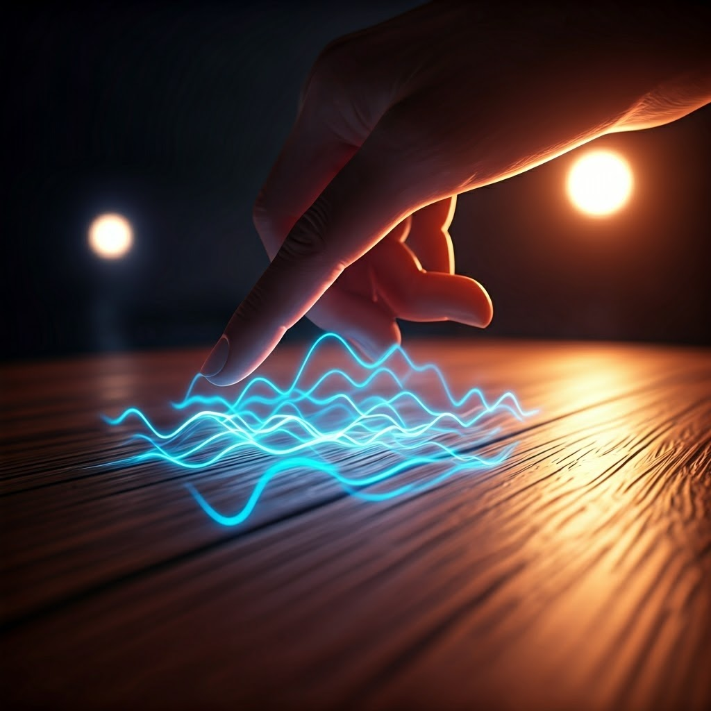 Close-up fingertip tapping a wooden table while neon blue ripples spread across the grain, illustrating hidden energy in motion.