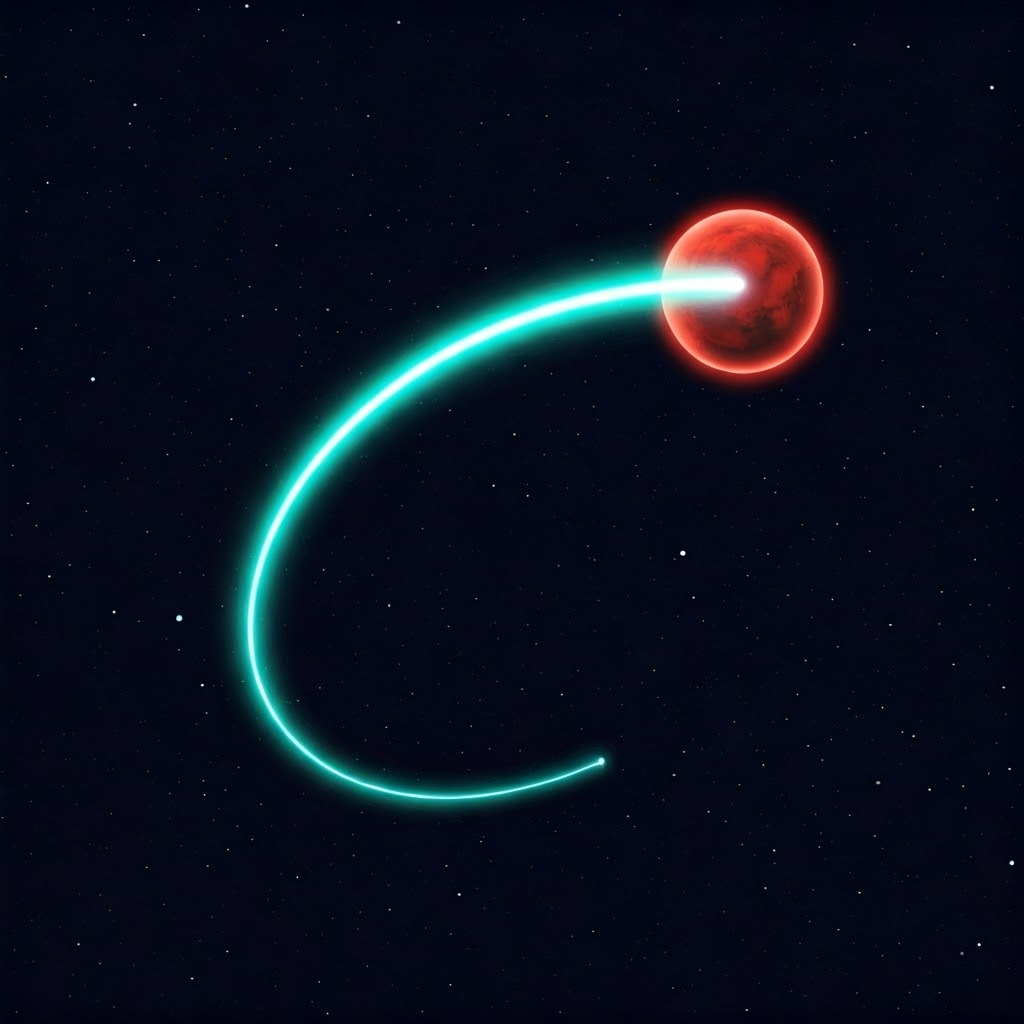 A neon-lit poster shows Mars looping backward across the night sky, dramatizing retrograde motion that challenged old models.