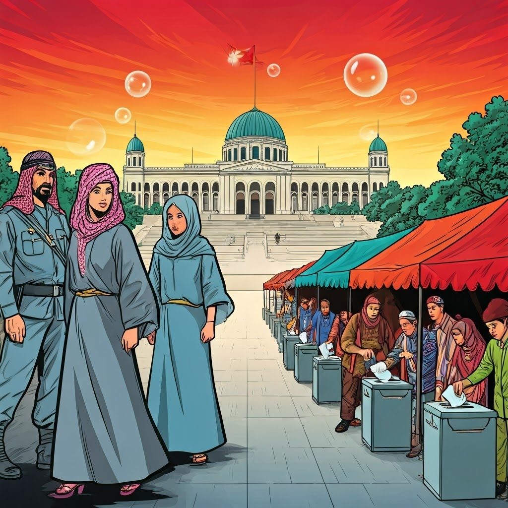 Pop-art split view of Saudi religious police and Indonesian voters balancing sharia and democracy