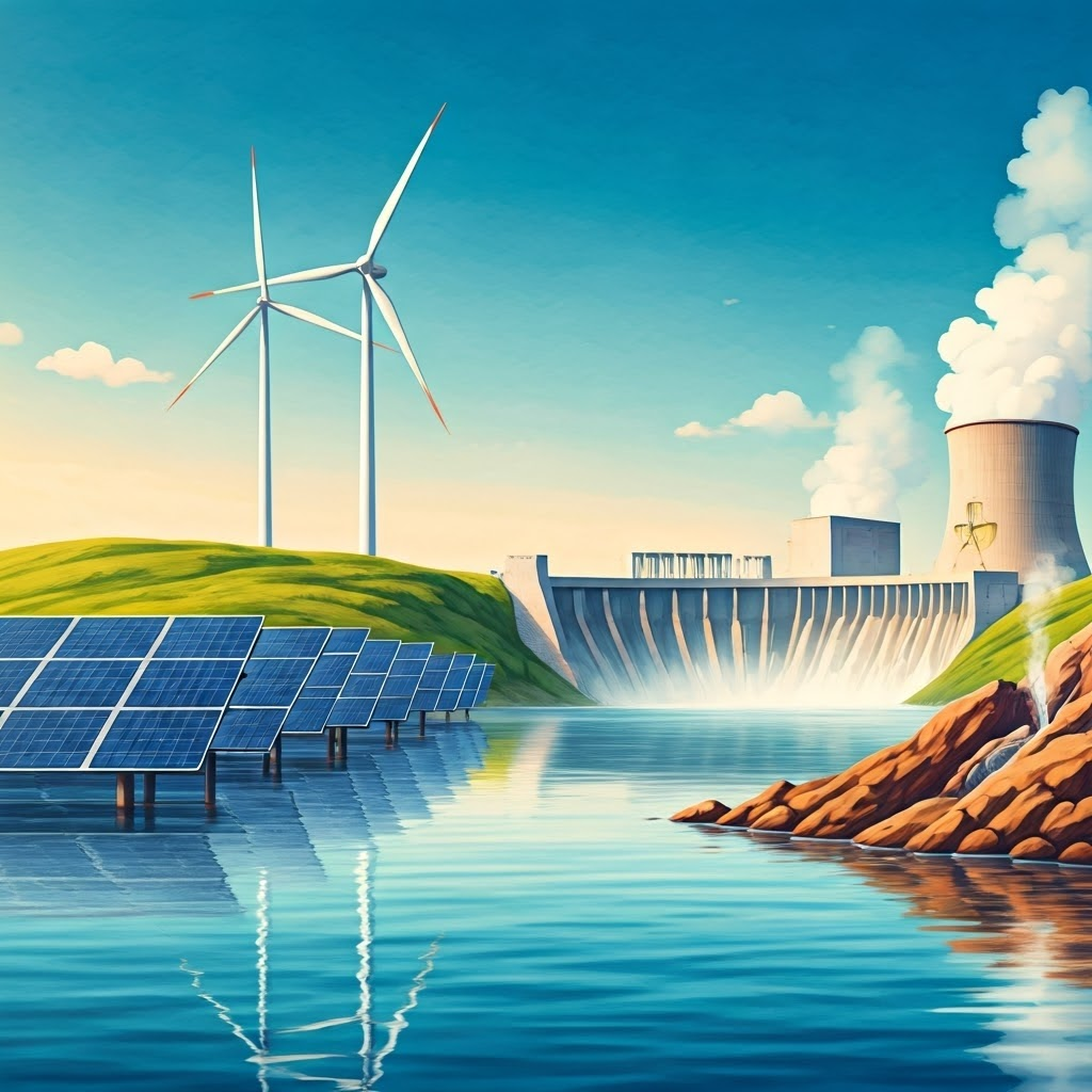 Panoramic scene with solar panels wind turbines hydropower dam nuclear dome and geothermal vent—shows the range of clean energy sources