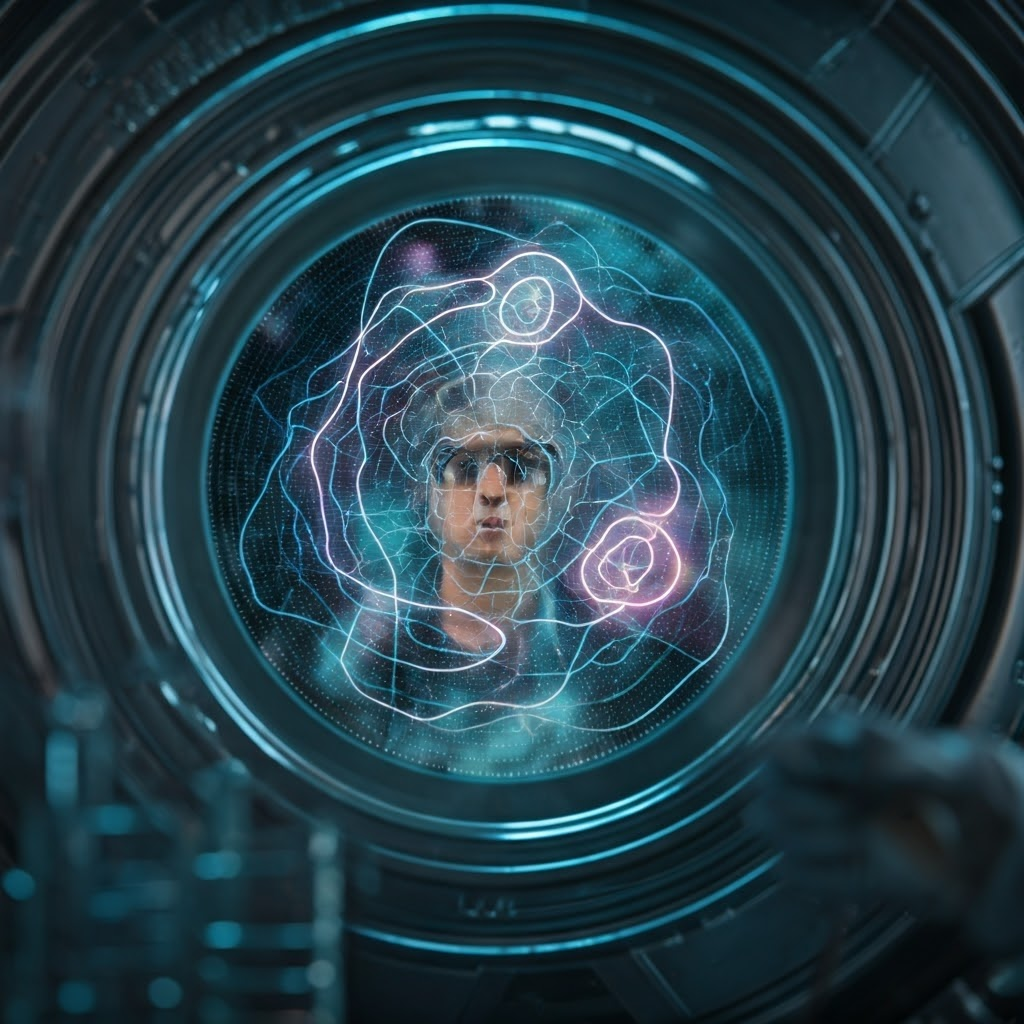 Scientist studies a glowing, probability-shaped electron cloud through a high-tech viewport, symbolizing how observation affects quantum outcomes.