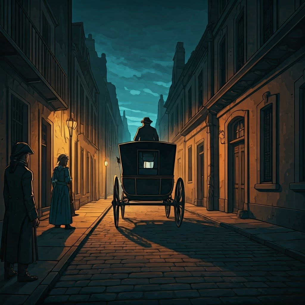 Colonial street at dusk where petits blancs glare as a free person of color passes in a fine carriage, lamps casting sharp shadows that reveal envy.