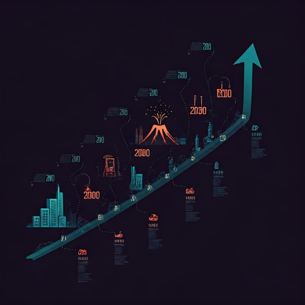 Neon timeline chart showing rising emissions from volcanoes to factories to skyscrapers