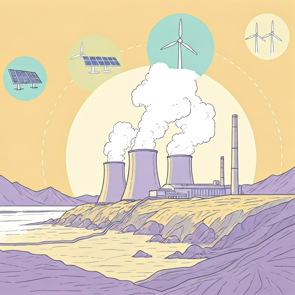 Pastel line drawing of a geothermal plant with steam vents alongside solar and wind icons—highlights steady underground heat