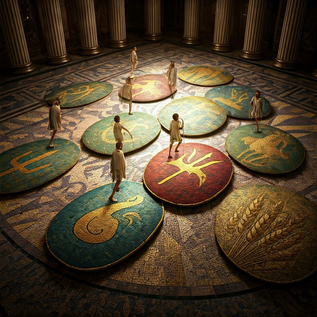 Citizens stand on glowing mosaic shields that mark the new mixed-tribe system.