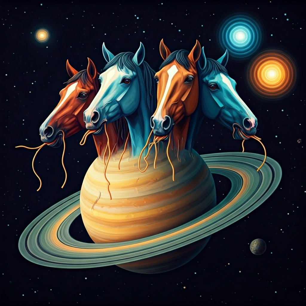 A five-headed horse eats spaghetti on Saturn’s rings in blocky video-game art, highlighting AI quirks.