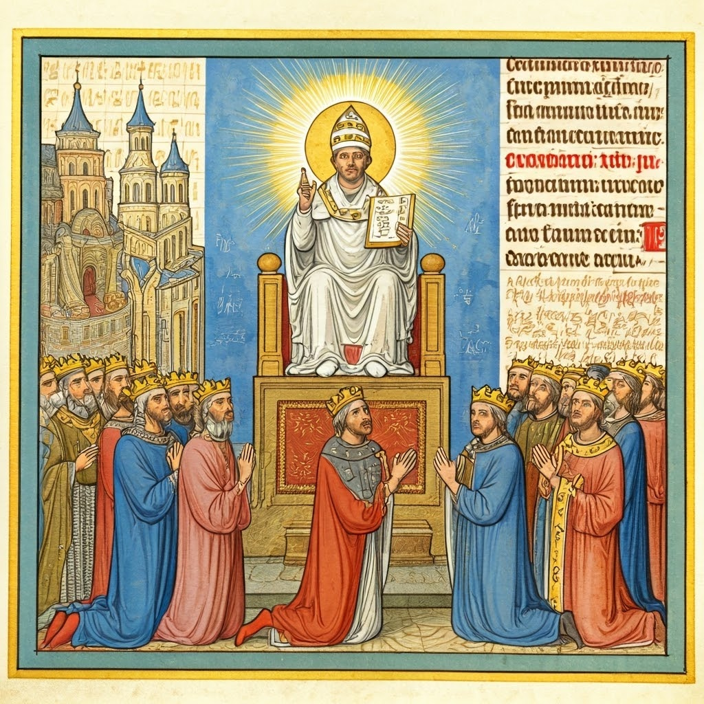 Vibrant manuscript-style illustration of Pope Gregory VII with halo, commanding kneeling kings outside a basilica, symbolizing Church independence over royal influence.