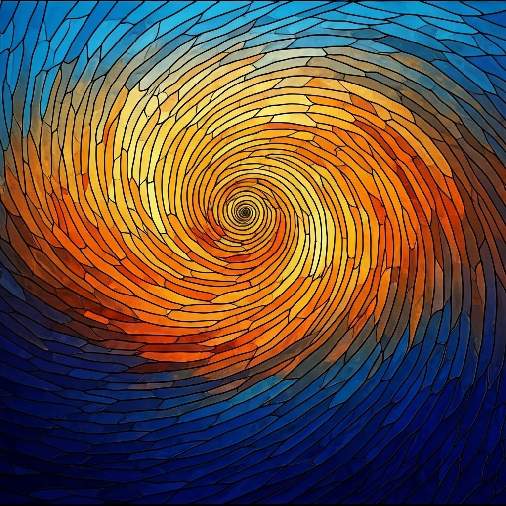 Stained glass hurricane eye over warm ocean water, emphasizing stronger storms fueled by heat