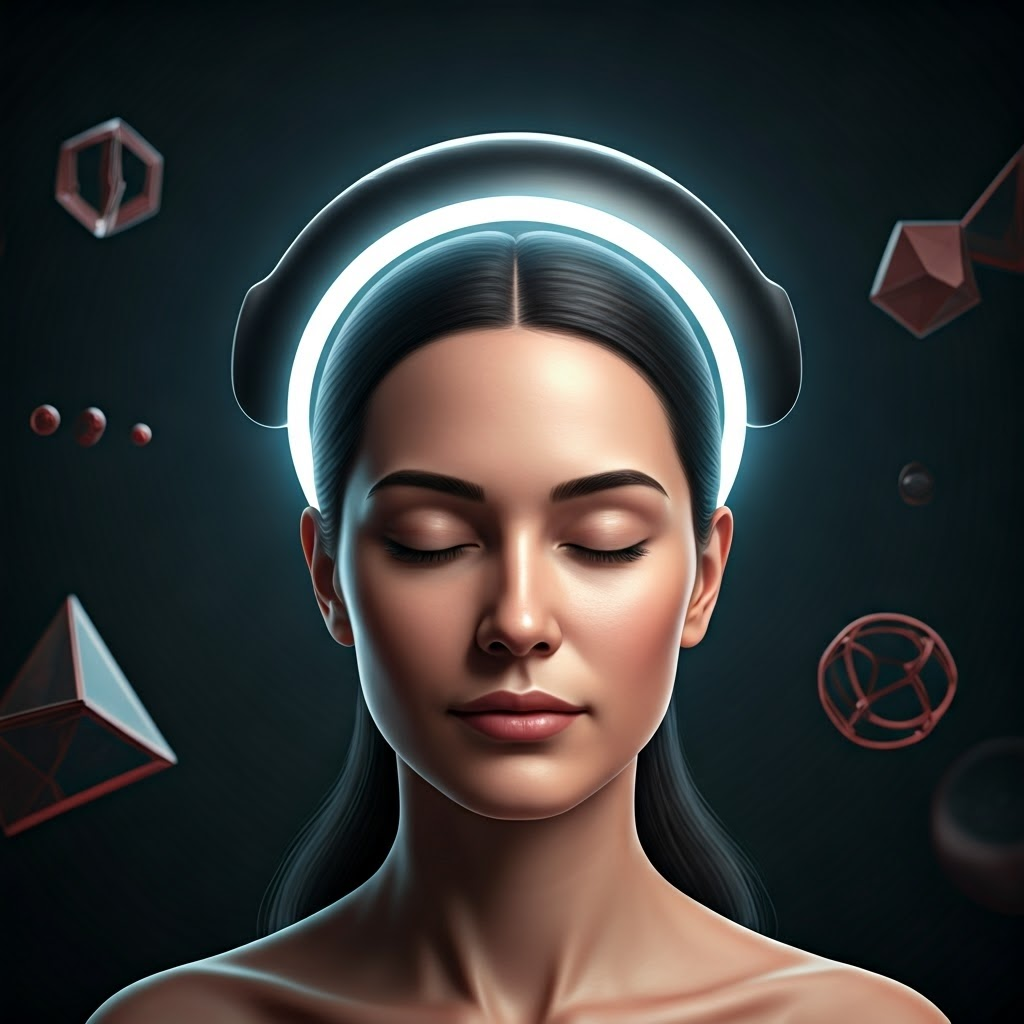 Close-up of a TMS coil emitting a gentle glow near a relaxed participant