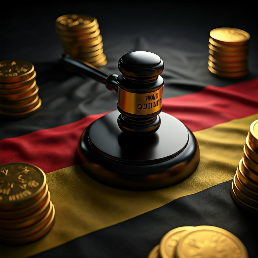 Gavel stamps 'War Guilt' on German flag, symbolizing Article 231 blame