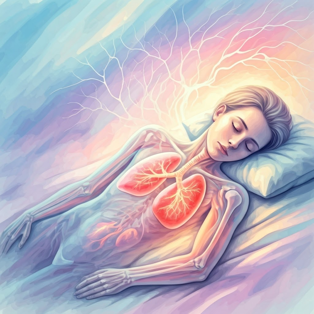 Peaceful sleeper on a pastel cloud while subtle heartbeats, breaths, and brain waves glow—showing the body using energy even during rest.