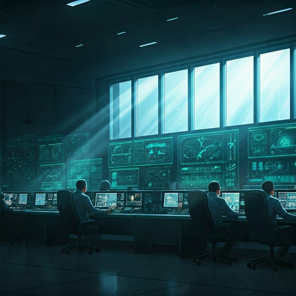 Mission control room with holographic overlays highlighting fault alerts during spacecraft operations
