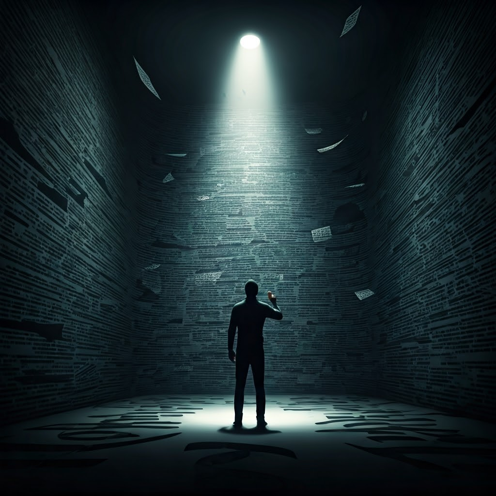 User silhouette surrounded by floating walls of fine-print text in a noir cyber setting, spotlight highlighting overwhelming legal jargon.