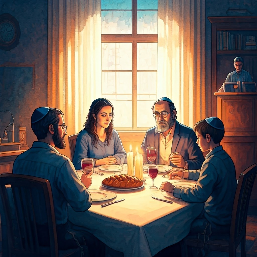 Jewish family sharing Sabbath dinner with candles and challah, while faint shapes of workplaces and playgrounds hint at wider influence.