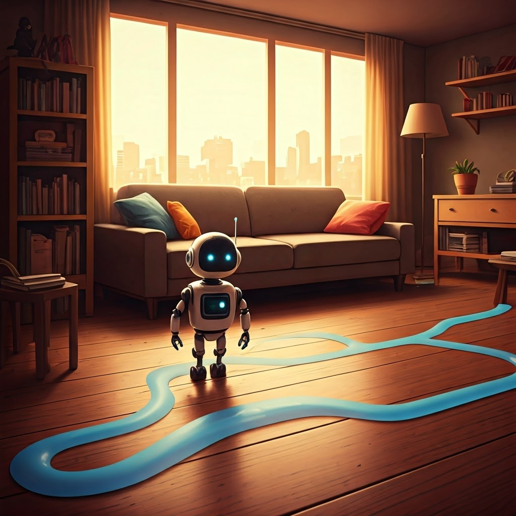 Helpful home robot threads through a messy living room, its route snaking around softly glowing buffer outlines that protect furniture