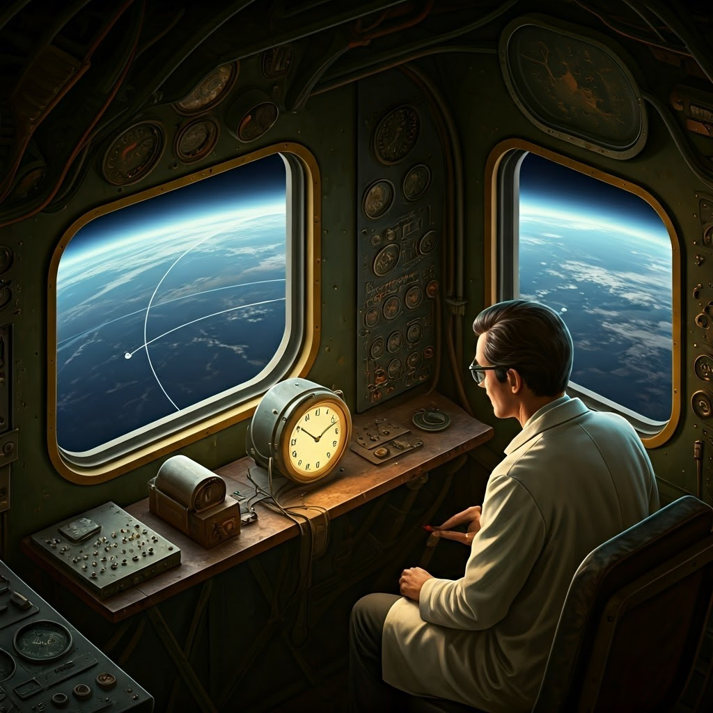 A 1970s researcher studies an airborne atomic clock inside a retro airplane cockpit, Earth curving beyond the window.