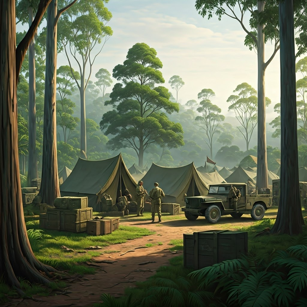 Allied troops setting up a jungle base in Australia, morning mist around tents and supply crates.