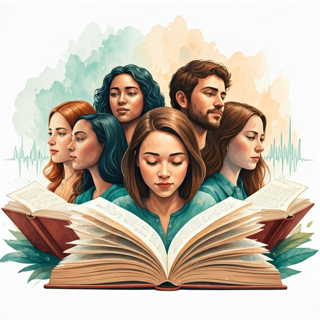 Inclusive watercolor scene of diverse voices with books and floating waveforms