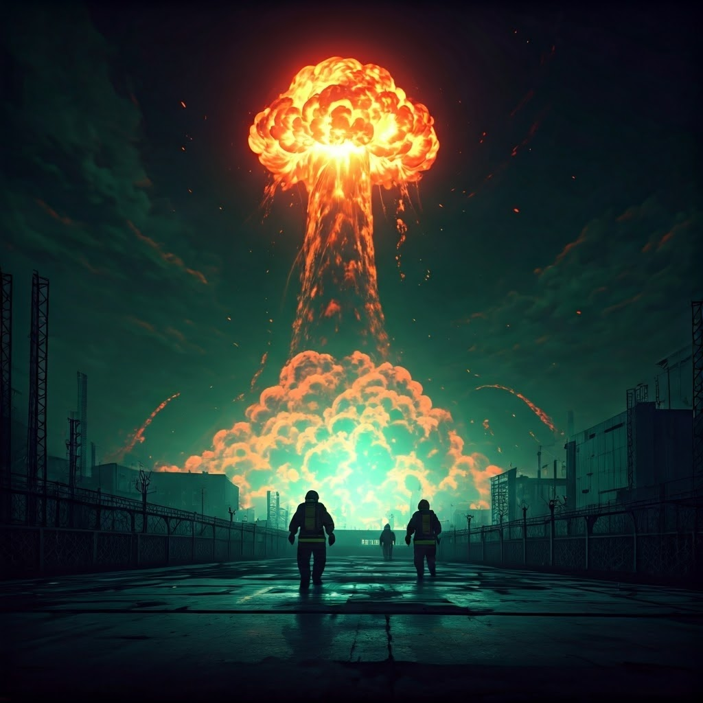 Night view of Chernobyl reactor explosion with firefighters racing toward green-orange flames