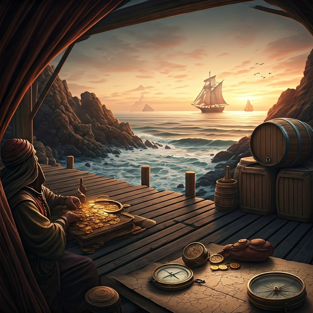 A merchant at dusk tallies coins beside maps, while a caravel heads west toward a crimson horizon—symbolizing risk and anticipated reward.