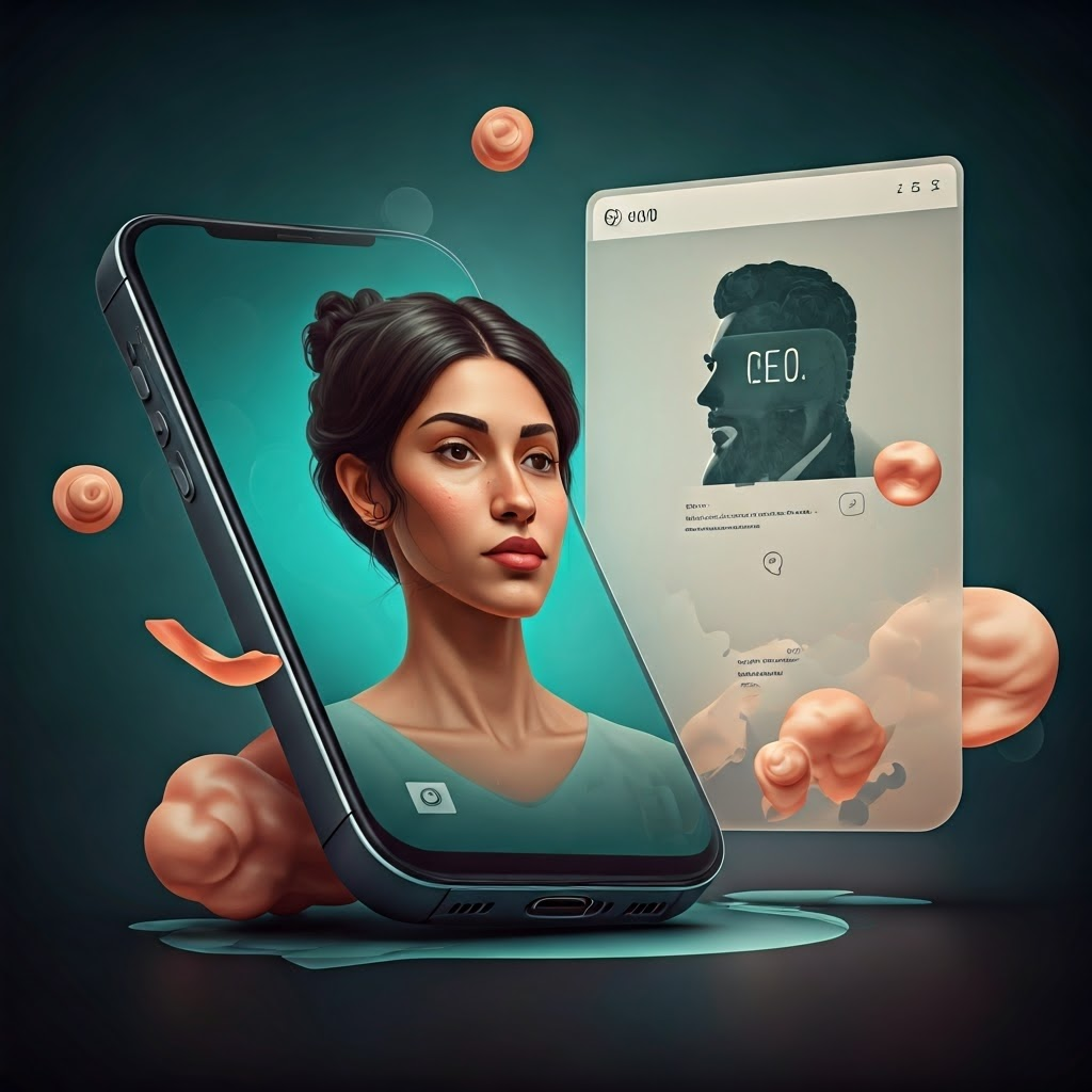 Phone filter lightens a woman’s face while a search for "CEO" fills with male photos; diverse faces drift outside the frame.