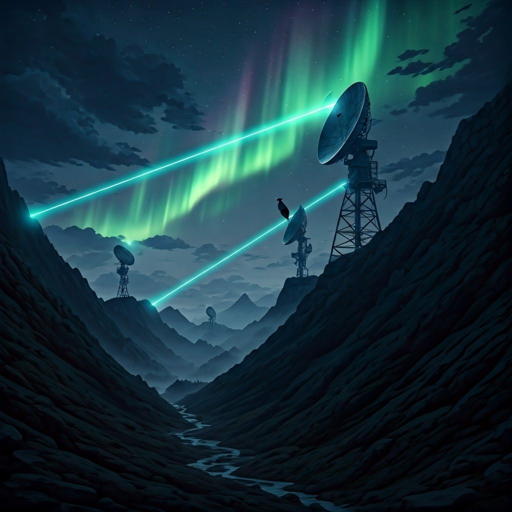 Mountain ridge with microwave relay towers beaming data across a misty pass.