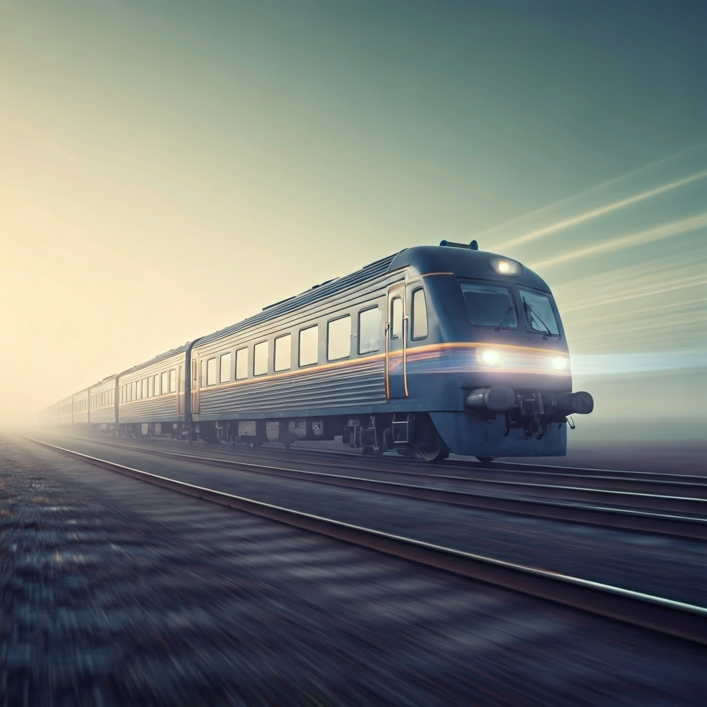 A train speeds through fog while shimmering light waves suggest a missing aether.